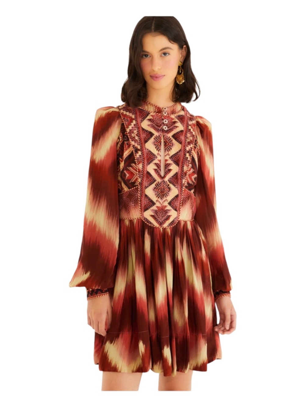 Farm Rio Ikat Boho Quilted Embroidery Puff Sleeve Mini Dress  Size S 70s Retro